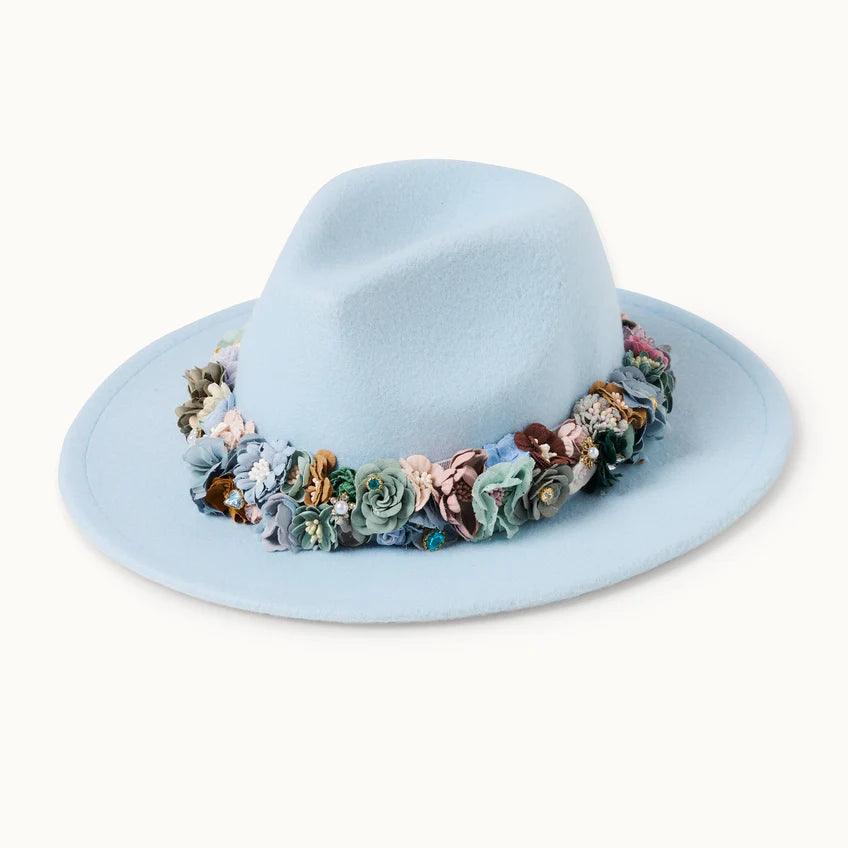 Hut Hellblau mit Blumen