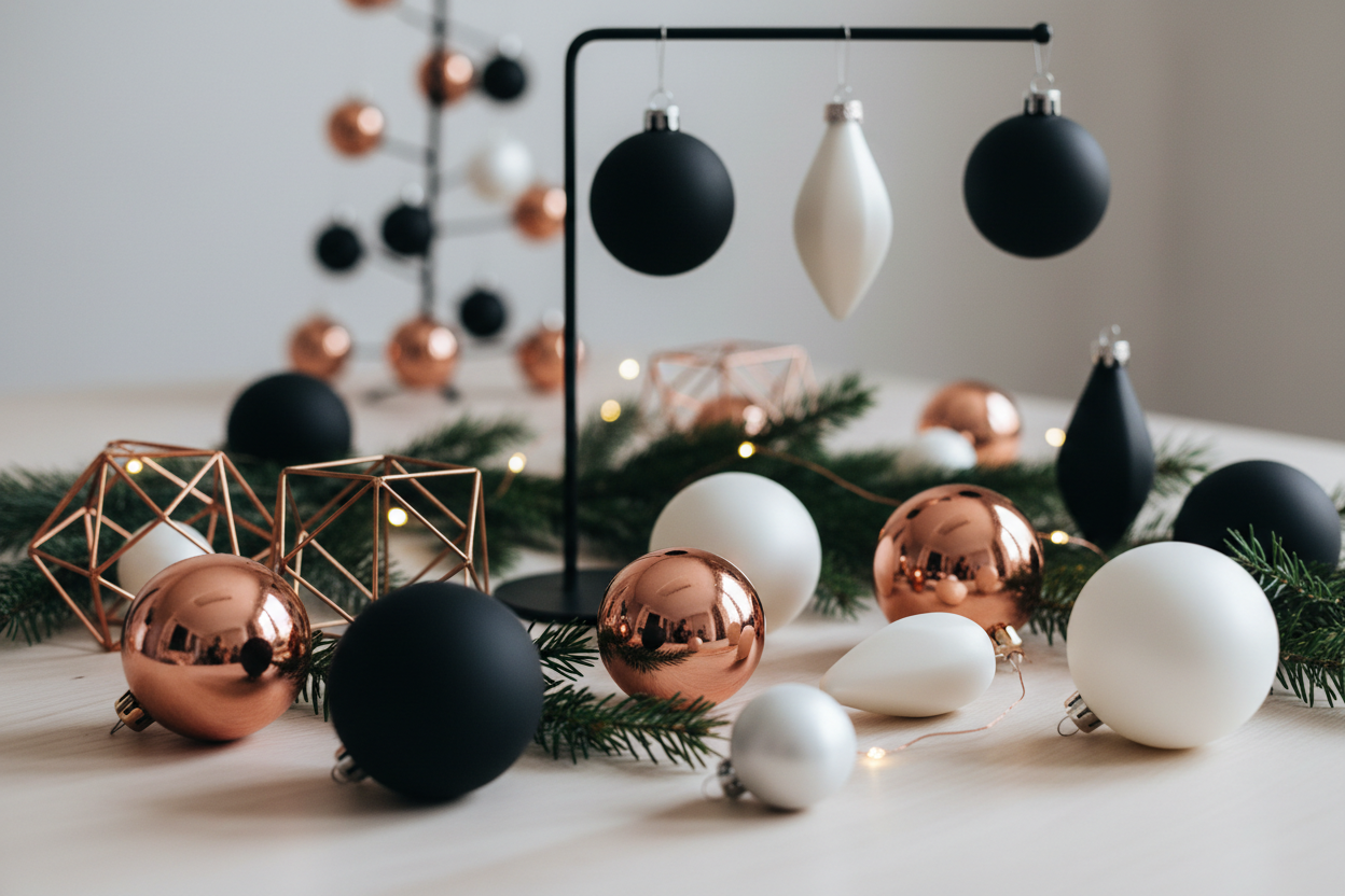 weihnachtsdeko mit modernen weihnachtsbaumkugeln